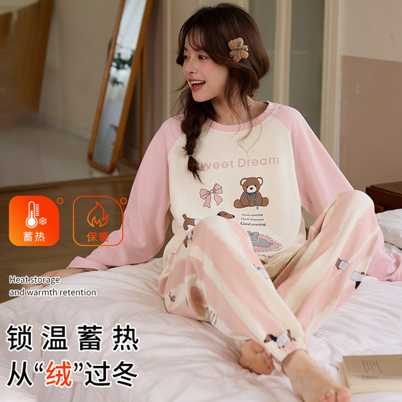 Pajamas for Women in Autumn and Winter, Silk Wool and German Velvet Thickened Long-Sleeved Round-Neck Pullover Cartoon Thermal Storage and Warm Home Wear