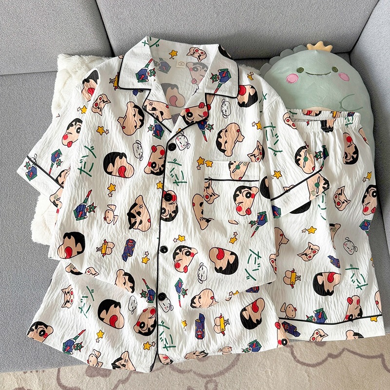 Popular Men's Pajamas for Spring and Autumn, Cloud Cotton Thin Short-Sleeve Shorts Cardigan with Cartoon Print, Summer Loungewear Set Popular Men's Pajamas for Spring and Autumn, Cloud Cotton Thin Short-Sleeve Shorts Cardigan with Cartoon Print, Summer Loungewear Set