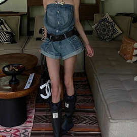 美式高街设计感卷边连体牛仔裤女夏季新款辣妹宽松慵懒风超短裤