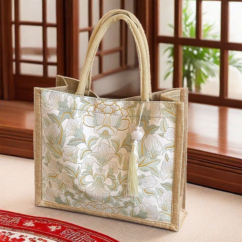 Handmade High-Quality Zipper Linen Plus Pu Surface Waterproof Large-Capacity Bag Satchel Shoulder Tote Bag Versatile for Work Clothing