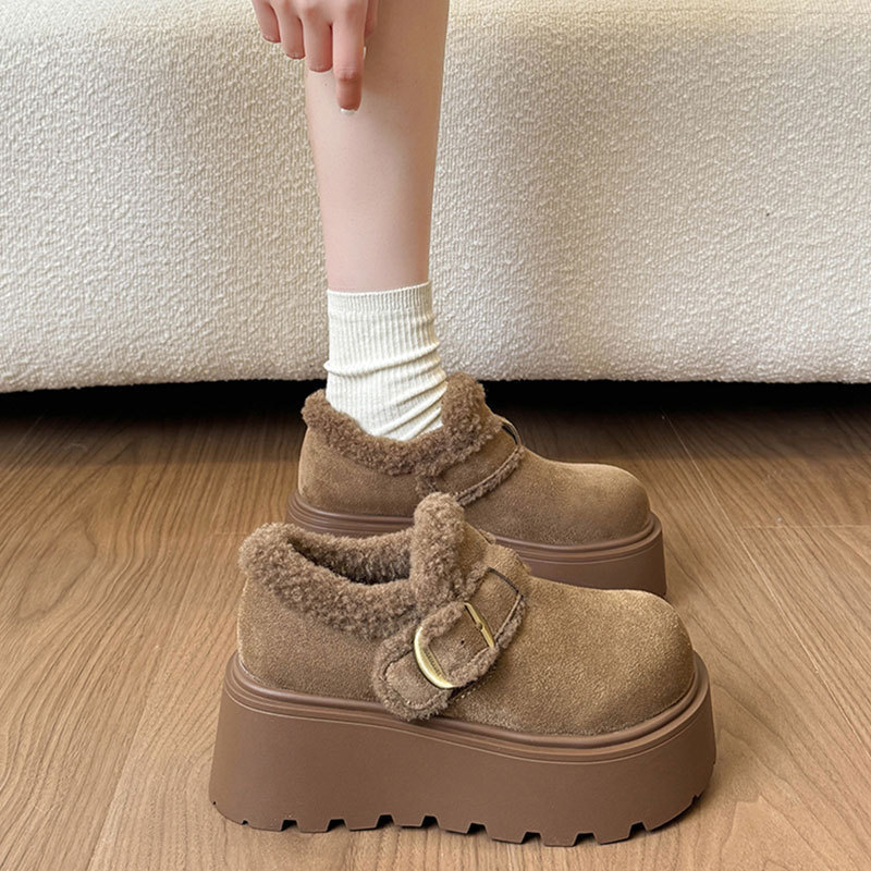 Genuine Leather Platform Thick-Soled Fleece-Lined Warm Birkenstock Shoes Snow Boots Women's Shoes Winter New Furry Cotton Shoes Loafers