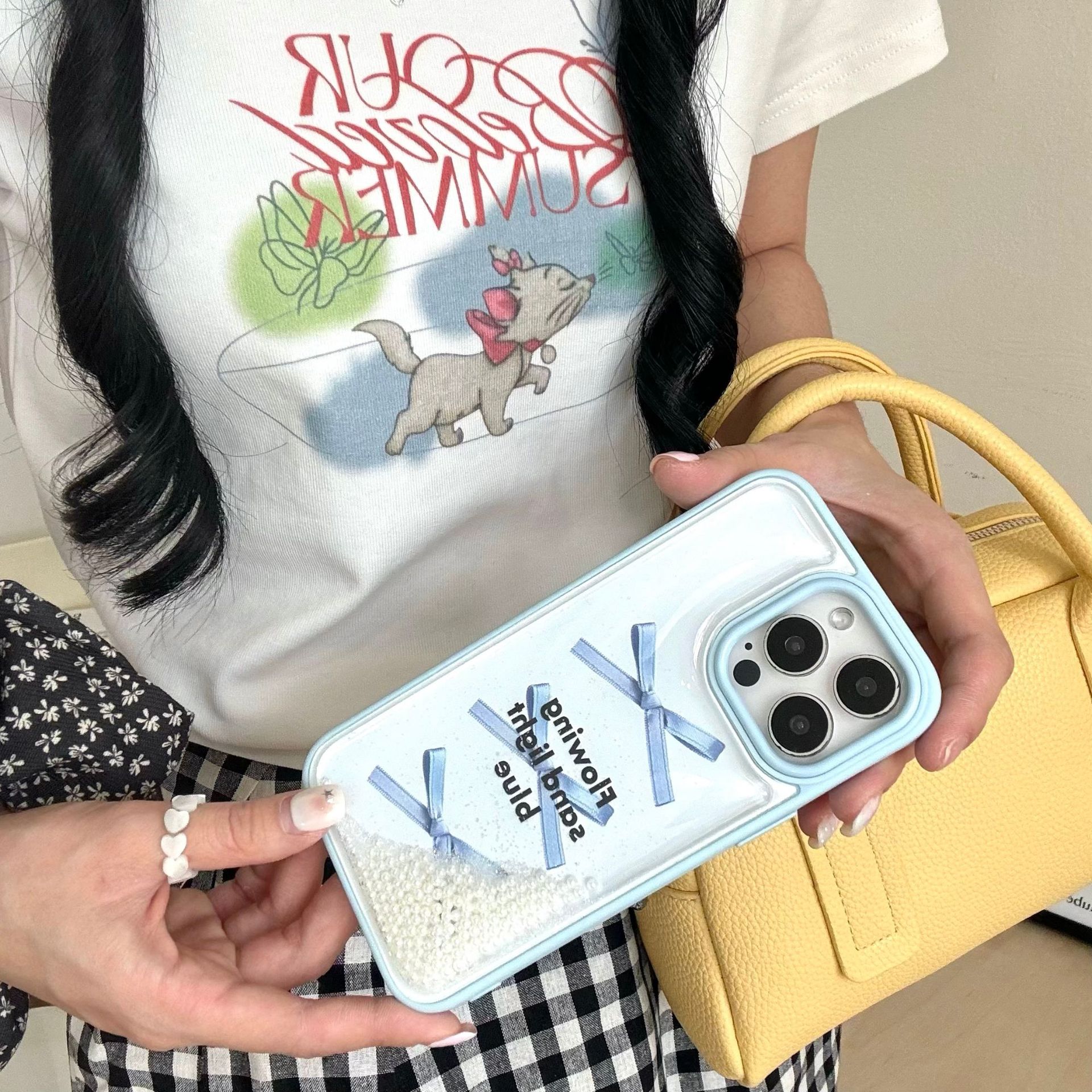 Arenas movedizas de perlas con lazo azul fresco para Apple 15ProMax funda para teléfono 16Pro Nuevo 14/13 Mujer