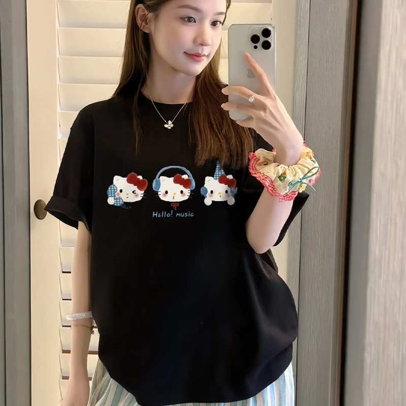 Black Short-Sleeved T-Shirt for Women Cartoon Hello Kitty Kitty Summer New Loose Top Casual Popular Hot Style