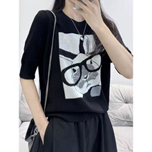 欧洲站韩版卡通兔子短袖T恤女26新款早秋薄款冰丝针织衫体恤上衣