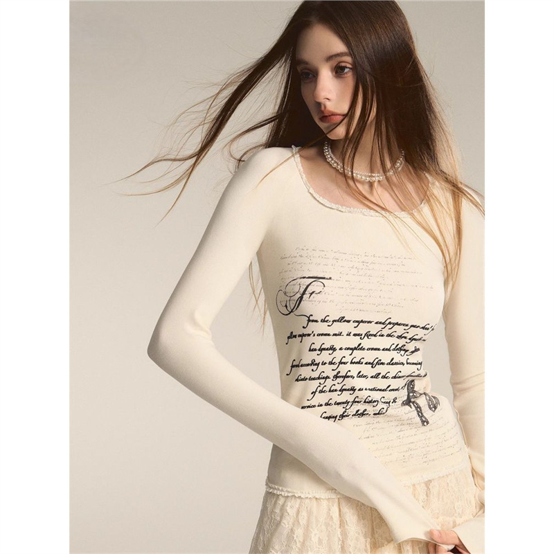 【2*2 260g Rayon Modal】Square Neck Lace Trim Long Sleeve T-Shirt, Pure Desire Spicy Girl Style, Slim Fit and Flattering 【2*2 260g Rayon Modal】Square Neck Lace Trim Long Sleeve T-Shirt, Pure Desire Spicy Girl Style, Slim Fit and Flattering