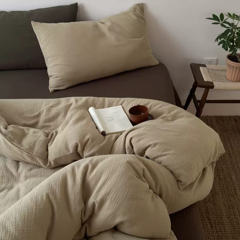 全棉日式皱皱纱四件套床单被套床笠纯色简约纯棉无印风宿舍三件套