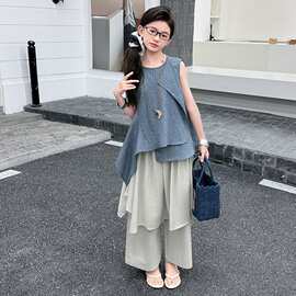 女童2026新款夏季不规则上衣阔腿裙裤两件套中大童韩系休闲套装潮