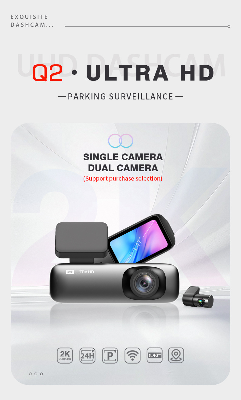 2K+1K Front and Rear Dual Recording Hidden Dash Cam 1.47inch Car-Mounted Dual-Lens Wifi Recorder