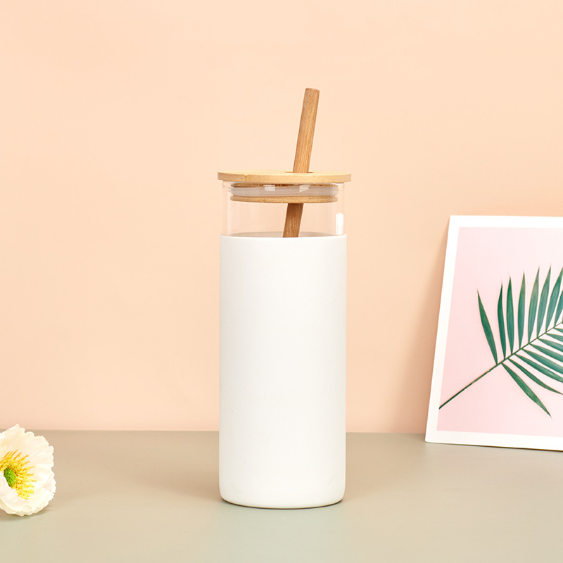 Vaso de vidrio con tapa de madera de bambú transfronterizo ins con pajita, copa de paja de vidrio de borosilicato de aislamiento térmico de una sola capa, patrón impreso