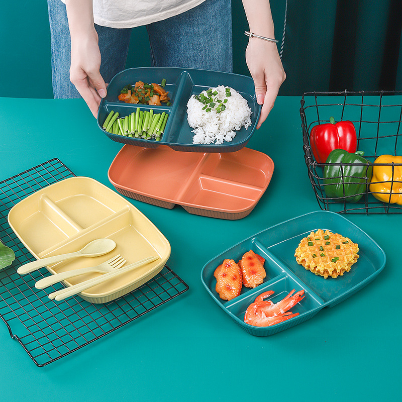 Juego de platos para reducir la ingesta de grasas a base de trigo, plato rectangular doméstico dividido para controlar las porciones y reducir la ingesta de grasas, plato de desayuno con tres compartimentos. image 4