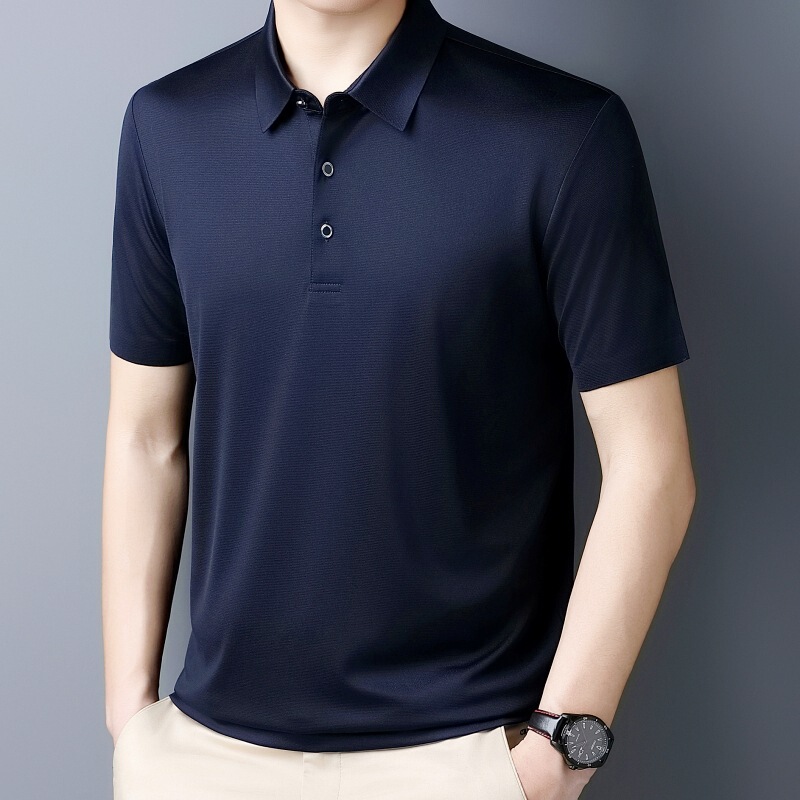 100 Mulberry Silk New Brand Men's Short-sleeved T-shirt Summer Middle-aged Business Lassel Casual Ice Silk Polo Shirt