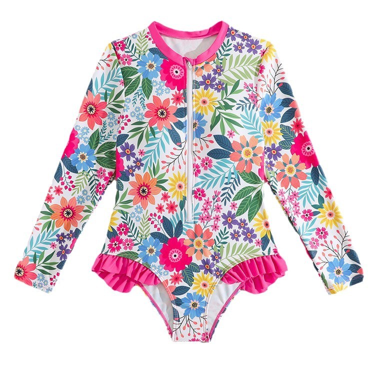 Mädchen-Badeanzug mit langen Ärmeln und Sonnenschutz, Rashguard mit Blumenmuster für größere Kinder, UPF 50+ Badebekleidung für Strand- und Poolurlaub_voghion.com