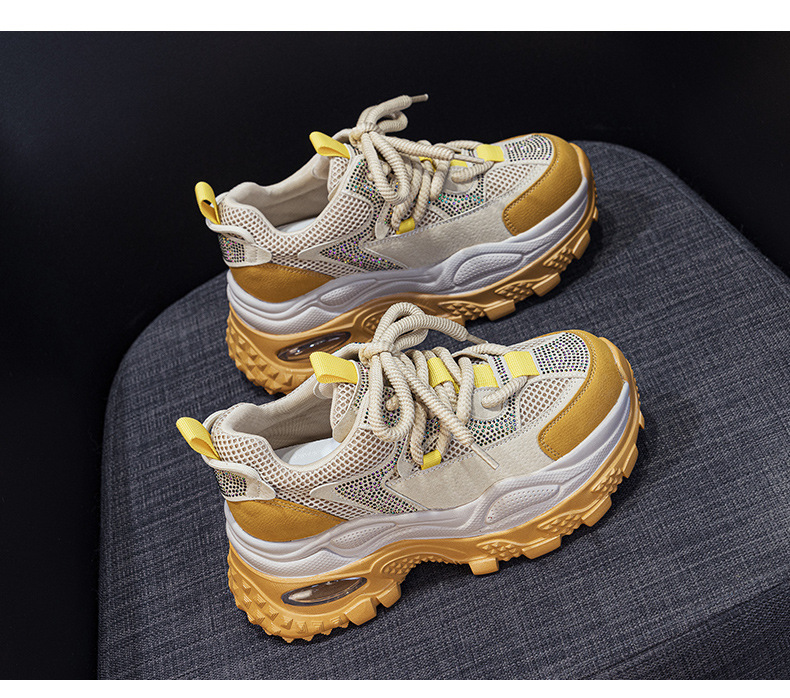 Giày sneaker nữ chunky đế dày phong cách retro, tăng chiều cao, đính đá lấp lánh — M2911 vàng, M2911 be, M2911 đỏ, M2911 xanh lá chi tiết 34
