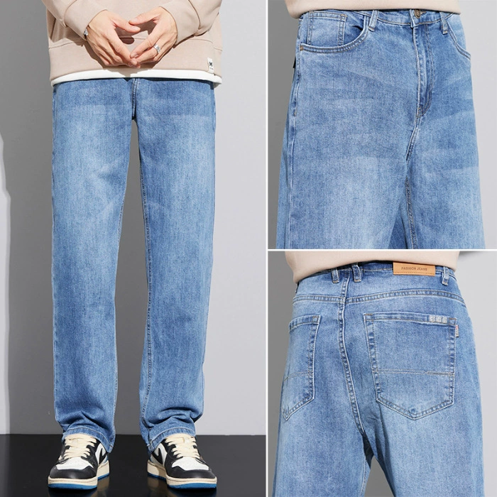 Elite demi-season loose straight jeans, blue casual trousers for leisure, loose fit, autumn