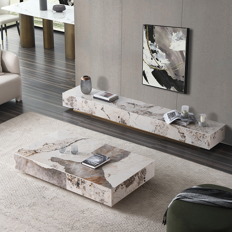 Solid Wood Porcelain Slab TV Stand Coffee Table Set Italian Luxury Modern Minimalist Storage TV Cabinet Luxury Stone Face Floor Cabinet