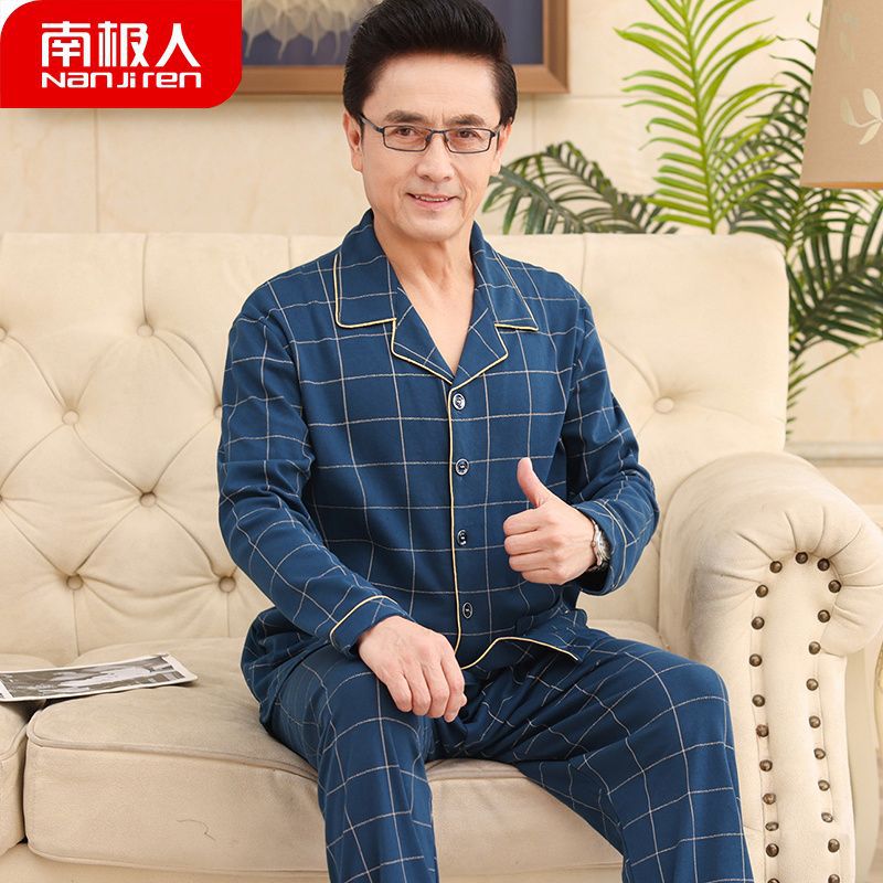Pijamas de hombre primavera y otoño de mediana edad 100% algodón de manga larga de mediana edad y anciano papá más tamaño traje de homewear