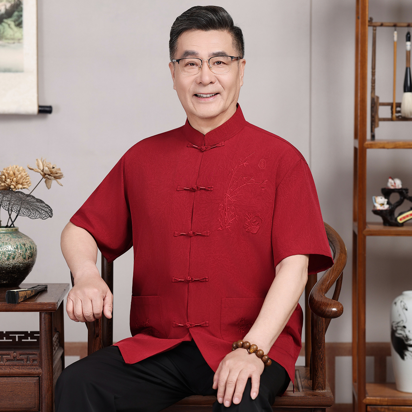 Tang suit for middle-aged and elderly men, short-sleeved summer suit, father's shirt, thin bamboo pattern, Chinese style suit