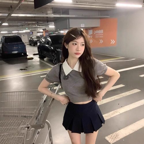 OAJER European and American Style Children's Clothing Flagship Eagle Same Style Women's Student Woolen Sweater Women's Summer Knit Polo Neck Short Sleeve Top