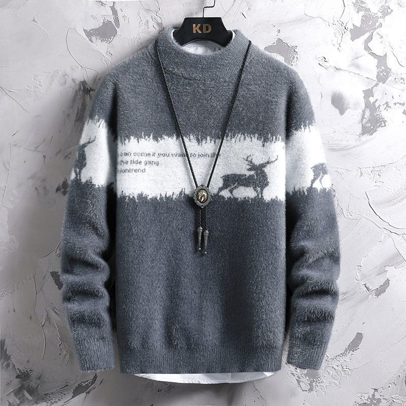 Men's cross-border mink fleece sweater, autumn and winter, thickened and warm base layer, trendy loose and personalized knitwear.