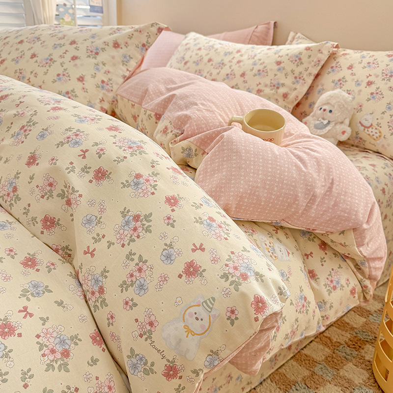 Sin impresión de cuatro piezas de algodón puro, algodón completo, ropa de cama transpirable para estudiantes, cuatro piezas de clase madre y bebé