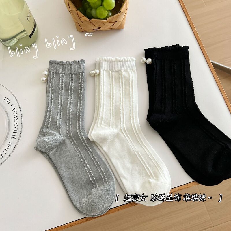 Spring and summer new socks women's pearl white wood ear pure cotton socks South Korea ins tube socks with ballet shoes
