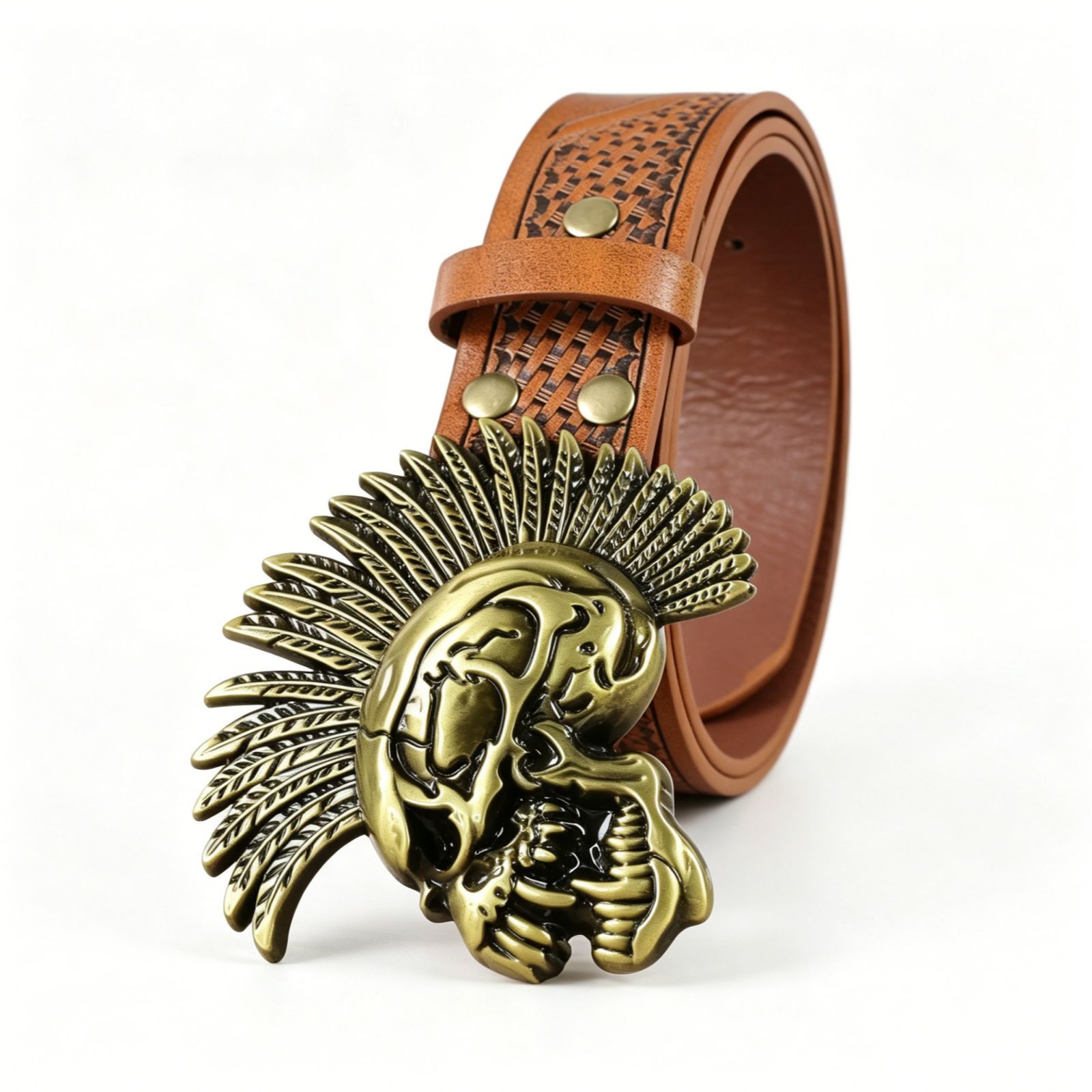 跨境亚马逊牛头皮带男士女士压花西部牛仔个性铆钉合金皮革腰带