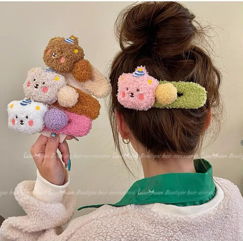 Adorable winter and autumn lamb fur small bear hair clip large plush duck bill clip face-washing hair accessory for girls side bang clip