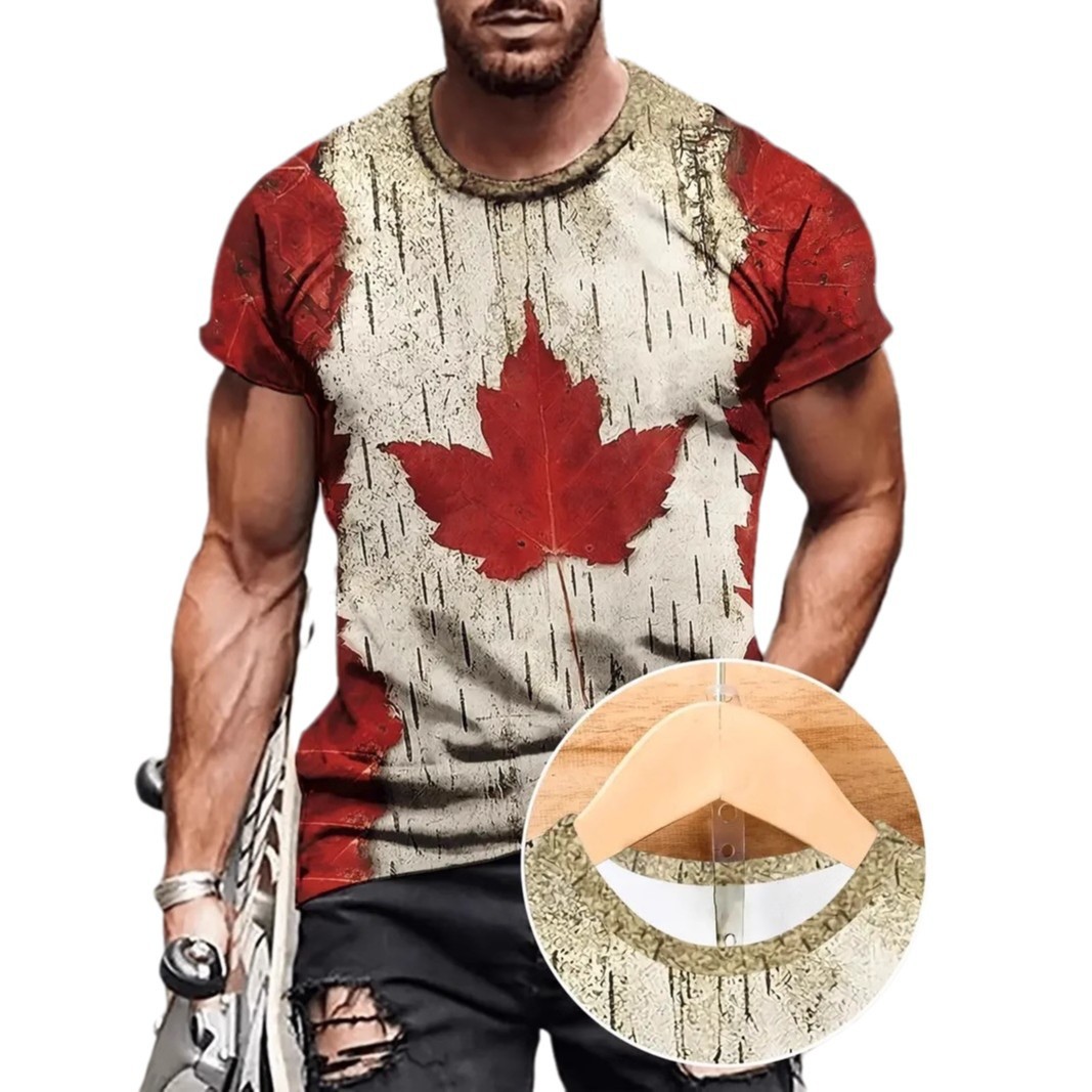 Camiseta de cuello redondo de manga corta transpirable de malla suelta de la calle principal con estampado 3D de hoja de arce de color de contraste abstracto retro de la calle principal para hombres