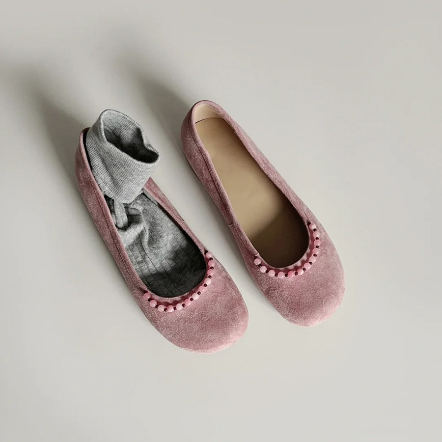 양가죽 버전 ~ 새로운 중국 스타일 구슬 둥근 머리 작은 단일 신발 얕은 입 1 페달 레트로 메리 제인 플랫 슈즈 여성