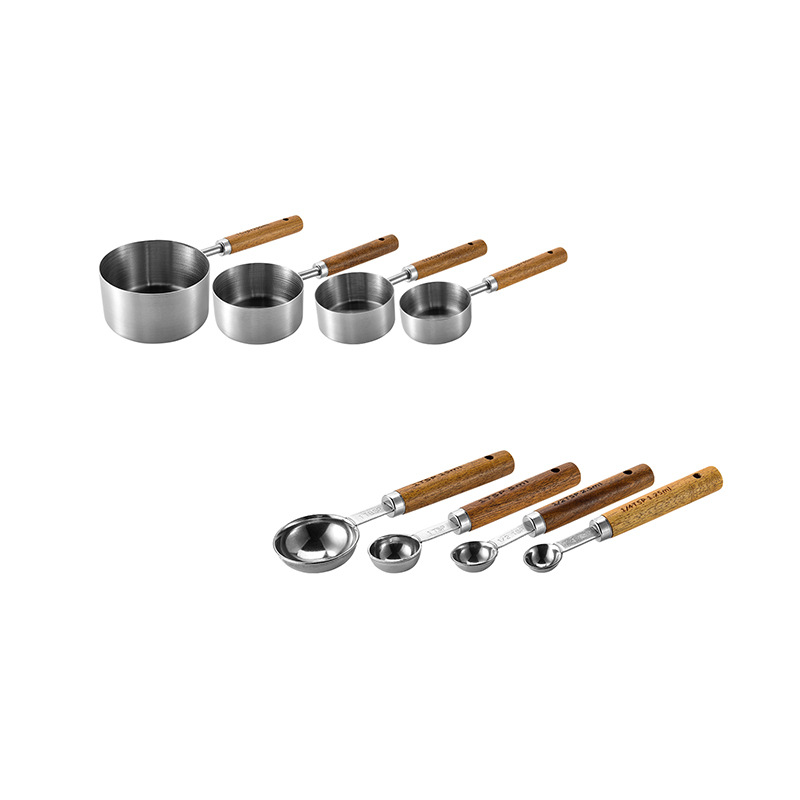 Vínculo al cliente taza de medición de acero inoxidable cuchara de medición con mango de madera
