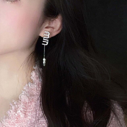 Yang Chaoyue's same style micro-inlaid letters MIU long tassel earrings, light luxury, high-end, fashionable and versatile earrings