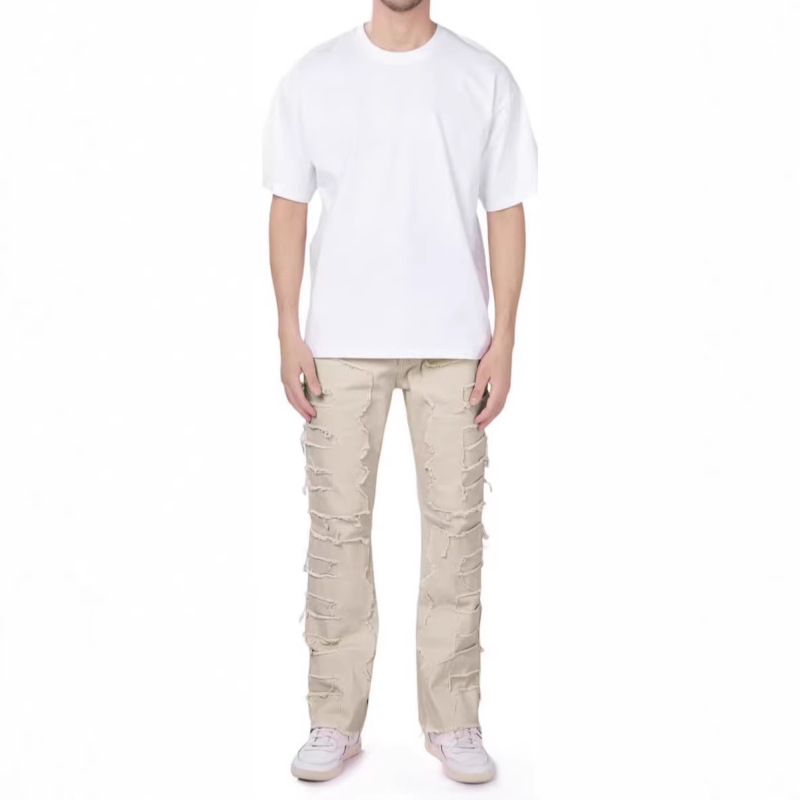Men's Layered Jeans with Ripped Design, Slim Fit, Stretchy, Straight-Leg Denim with Patchwork and Frayed Edges, Streetwear Style Men's Layered Jeans with Ripped Design, Slim Fit, Stretchy, Straight-Leg Denim with Patchwork and Frayed Edges, Streetwear Style