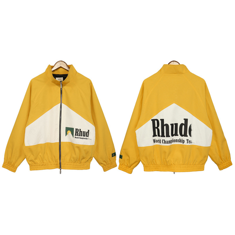 thumbnail for Trendy RHUDE Color-block Hip-hop Collar Jacket Letter Printed Cardigan Zip Jacket Retro Contrast Coat for Men and Women