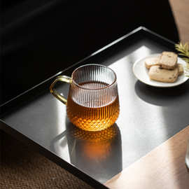 高硼硅条纹玻璃杯家用个人耐高温喝水杯办公室过滤花茶泡茶杯带把