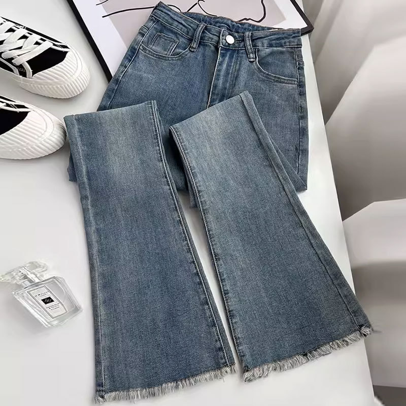 Meituan オンライン スーパーマーケットの女性用ブルーのローエッジ ブーツカット ジーンズ、夏用ハイウエスト痩身梨型ボディ パンツ|undefined