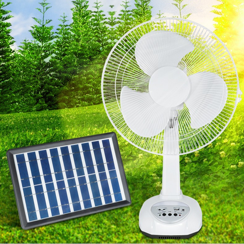 Ventilador recargable solar de 12 pulgadas más vendido del sudeste asiático con paquete de promoción de bombilla de panel solar de 3W, gran volumen de aire