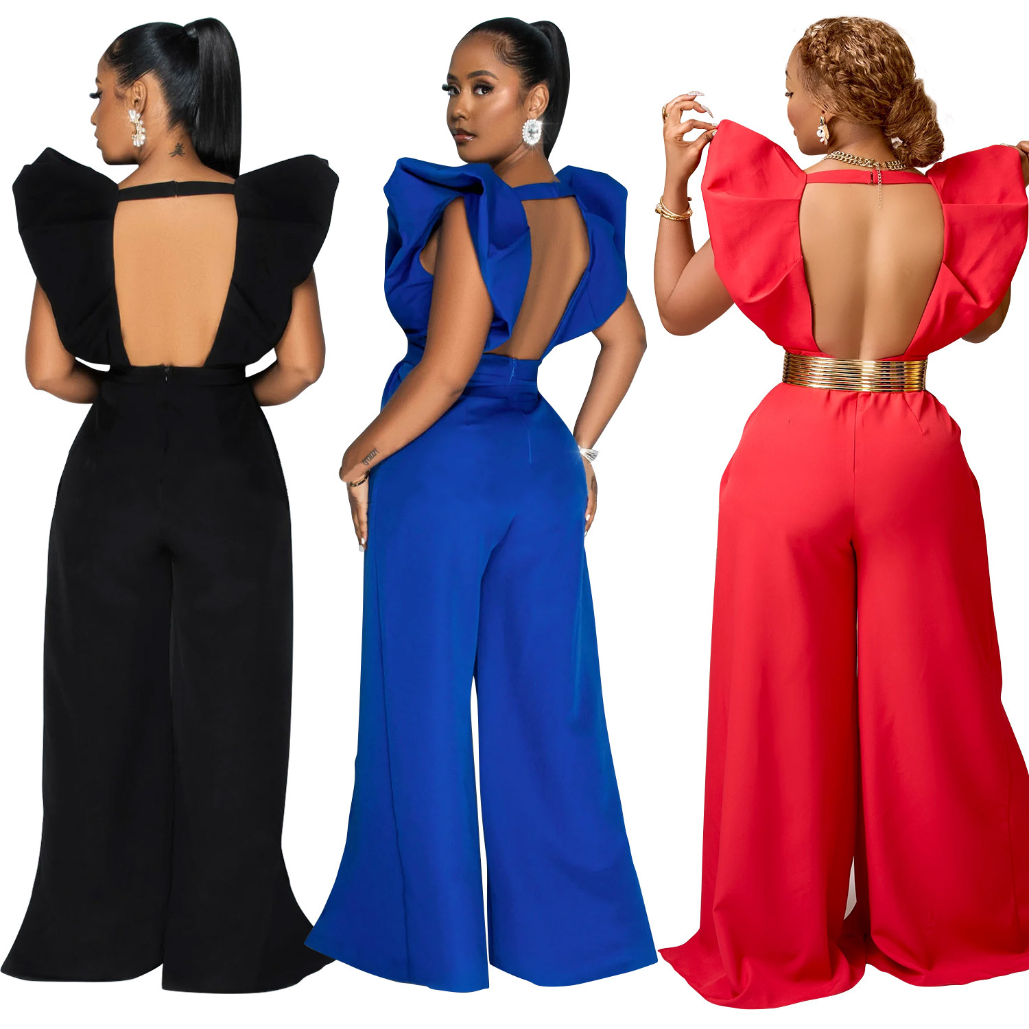 C6805 transfronteriza AliExpress Amazon europeo y americano de moda de las mujeres de color sólido sexy con cuello en V pantalones plisados mono