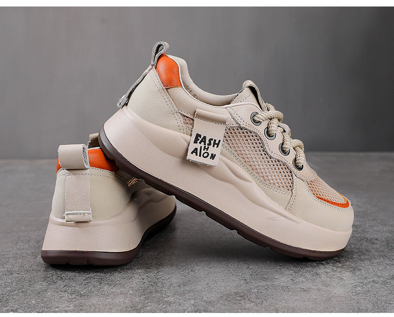 Giày sneaker nữ đế dày da bò thật lỗ thoáng khí phong cách retro — màu be chi tiết 12