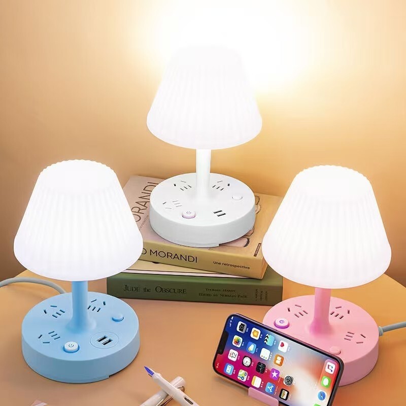 Socket Table Lamp with Soft Light, Eye Protection, Multi-Function, with USB Power Strip, Long Cord, Multiple Sizes, Eye Protection Bedside Lamp Socket
