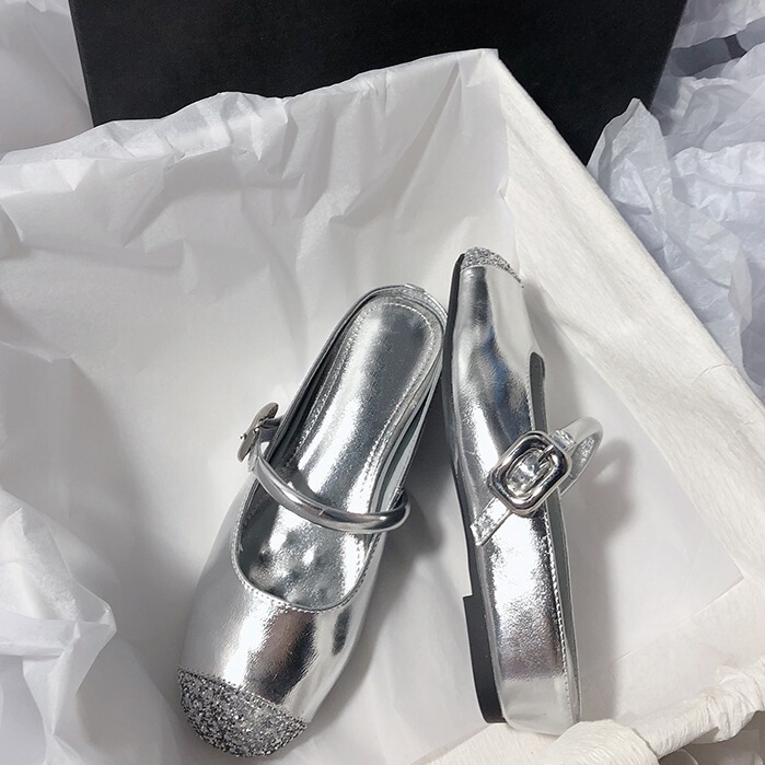 Sheepskin version ~ 4cm increased silver women's shoes half drag flat ballet shoes with Mary Jane shoes women's tide