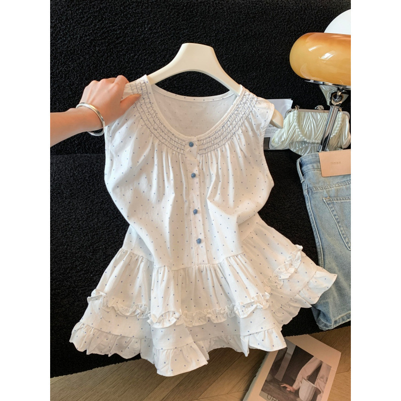 Korean-Style Multi-Layered Lace Sweet Shirt for Women, Summer Round-Neck Sleeveless Elegant Vest Top