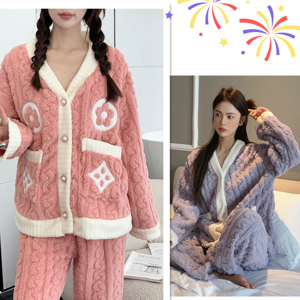 Otoño y invierno nuevo algodón de peluche pequeño cardián cálido y cálido conjunto de pijamas para el hogar ropa de mujer gruesa y cálida dos piezas para mujeres