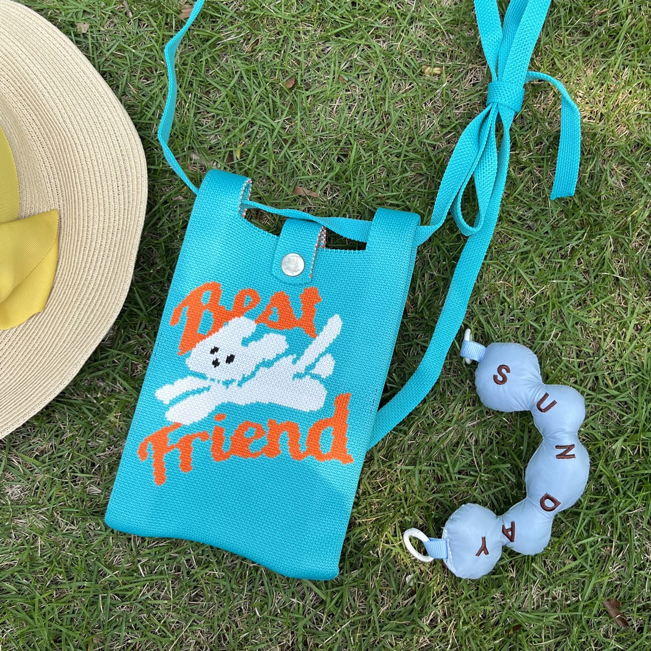 휴대폰 가방 파란색과 흰색 토끼 세트