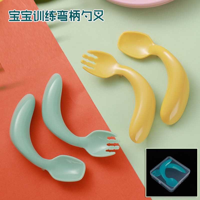 Baby Learning to Eat Training Set with Bent Fork and Spoon, Infant and Toddler Complementary Food Learning Fork and Spoon Set in Box