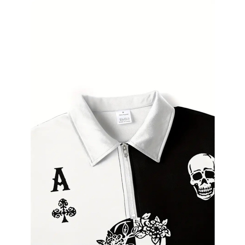 Personalidad blanco y negro a juego de color cráneo estampado 3D hombres calle principal ancho de hombro suelto transpirable solapa cremallera camisa POLO