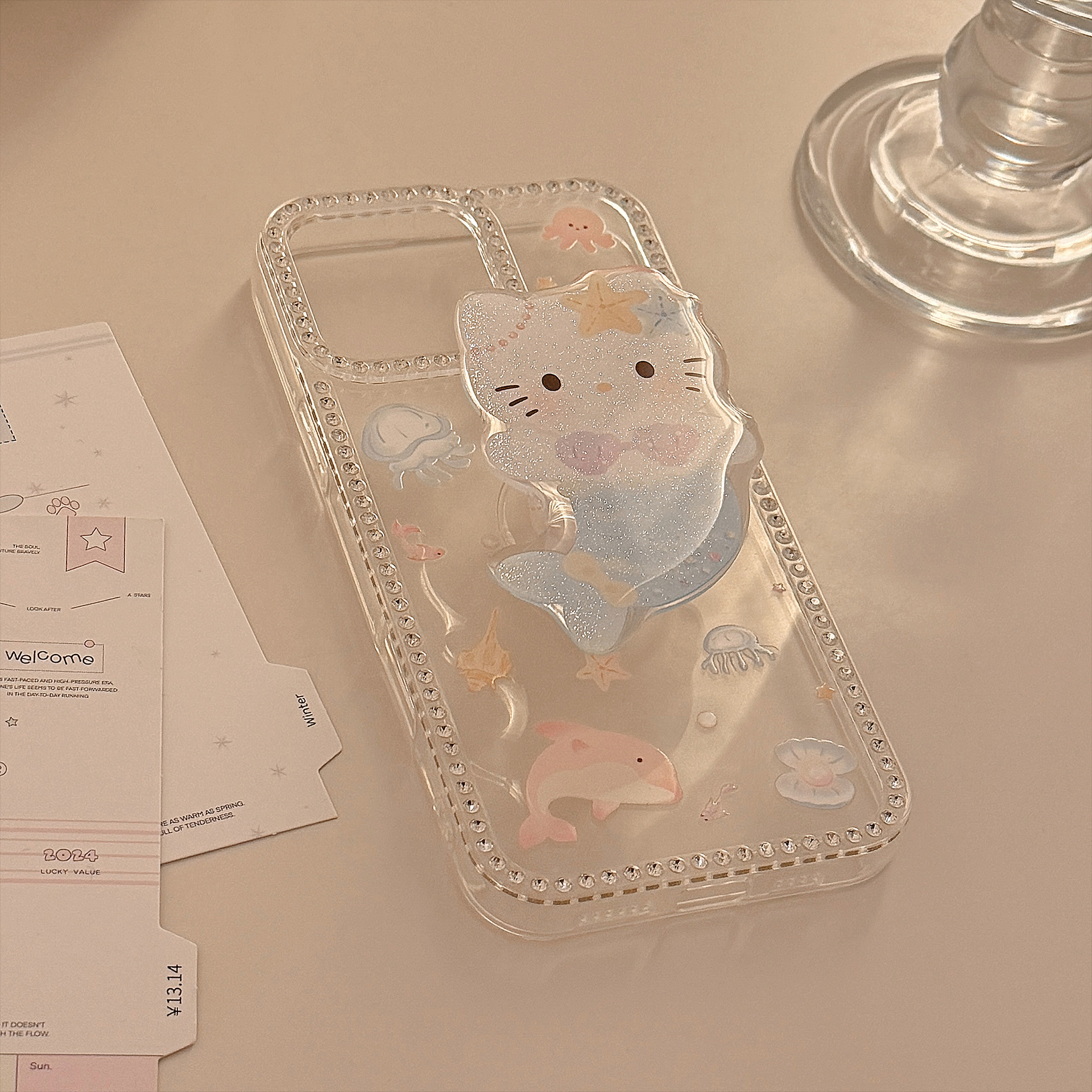 Funda de verano con dibujos animados para iPhone 16, 17 Pro Max, con diseño de gato sirena, soporte para iPhone 13, con purpurina, para iPhone 11