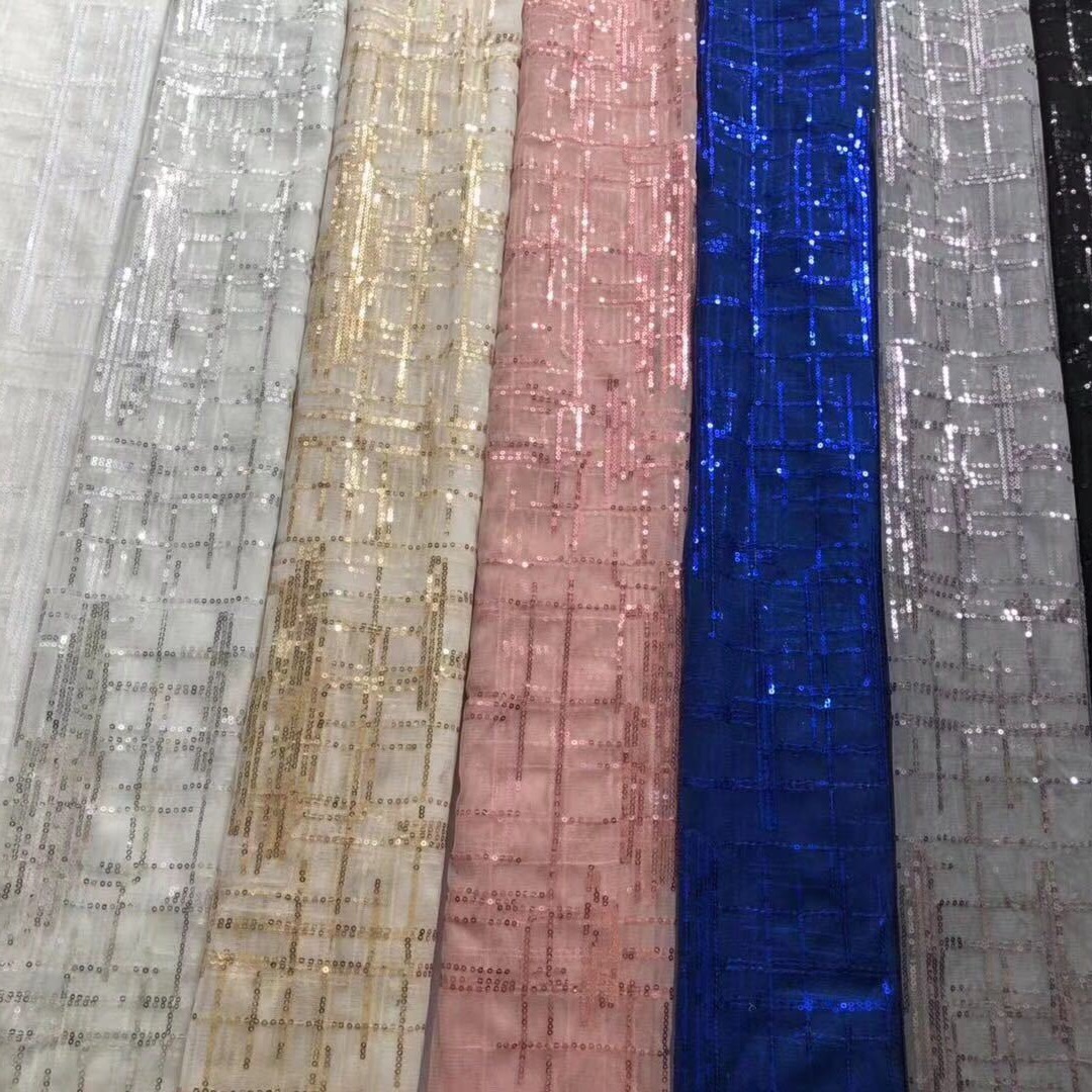 新款方格子亮片布料面料服装礼服连衣裙婚纱礼服布料面料