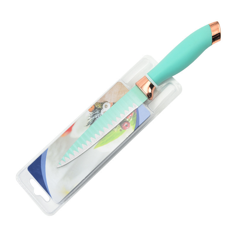 En stock Comercio exterior verde doble galvanoplastia cabeza mango patrón de onda de cinco piezas de acero inoxidable cuchillo de cocina conjunto único cuchillo de succión de doble cara