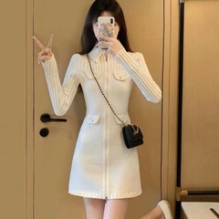 小香风连衣裙秋装女款新款感气质修身显瘦白色针织裙子027#