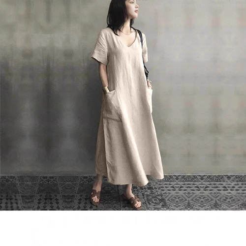 A large number of 2025 summer literary and artistic national style retro women's cotton linen V-neck large swing loose one-piece dresses